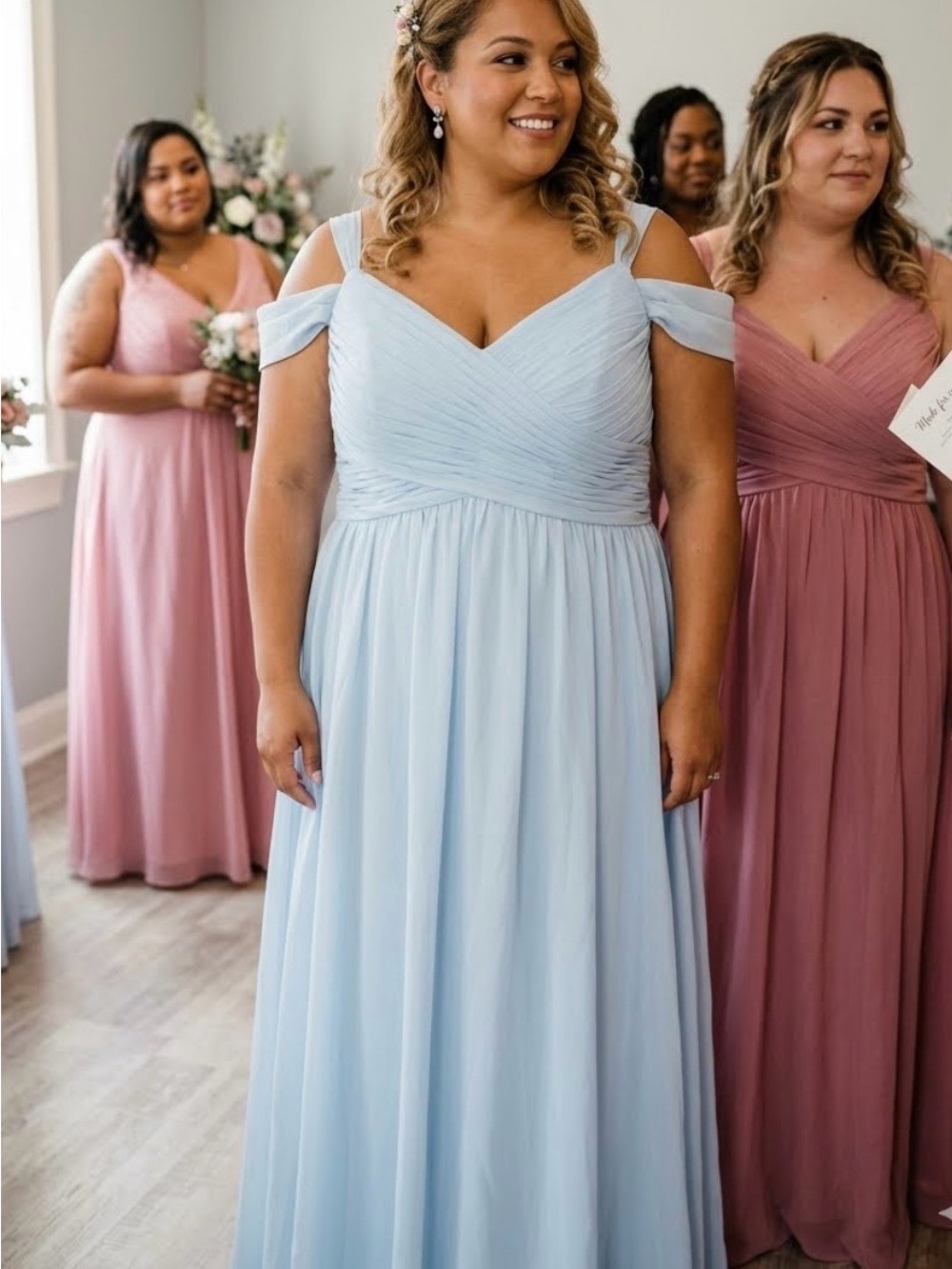Cold-Shoulder V-Neck Chiffon Dress in Light Blue